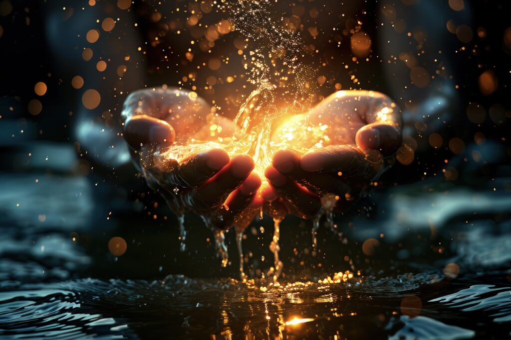 vue de mains realistes touchant l eau claire qui coule