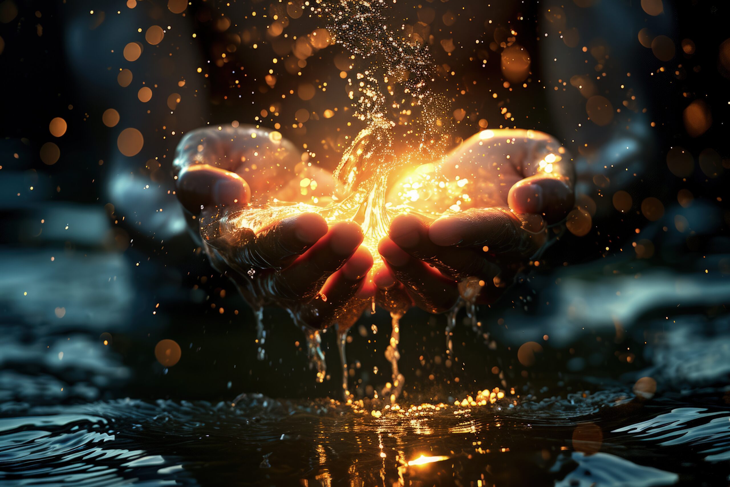 vue de mains realistes touchant l eau claire qui coule